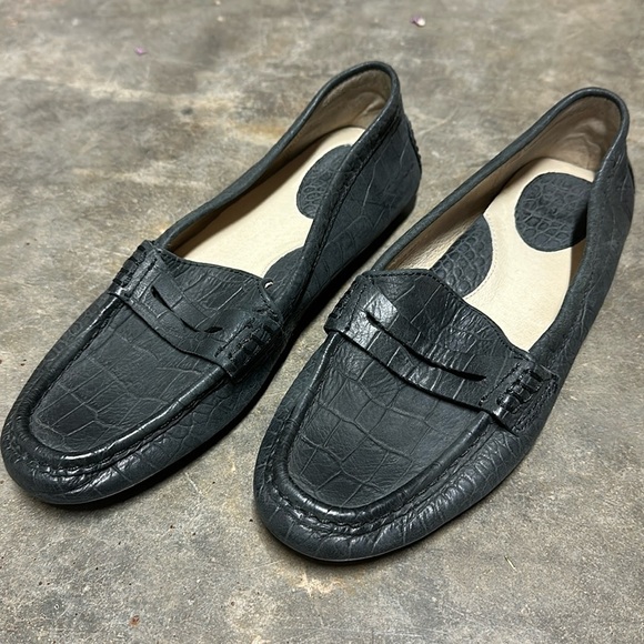 Frye Rebecca Croc Leather Penny Loafer Driving Shoe black 8 - Picture 1 of 7